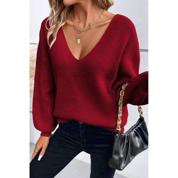 Womens Knit Sweater V Neck Off Shoulder Oversized Long Sleeve Pullover - Picture 2 of 5